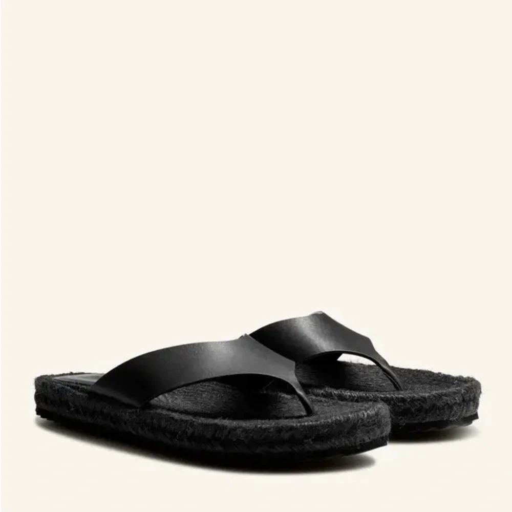 ME+EM Black Leather Espadrille Toe-Post Sandals